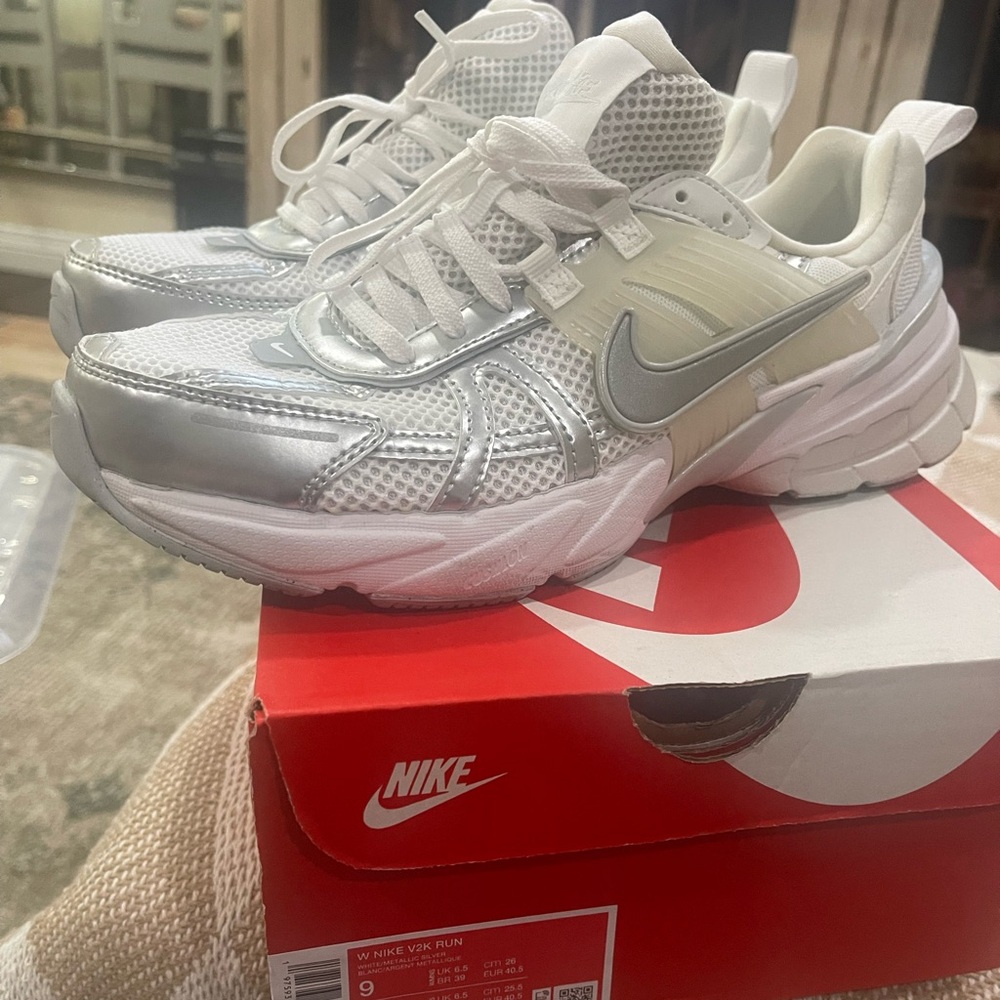 Nike V2K Run Sneakers in Metallic Silver and White
